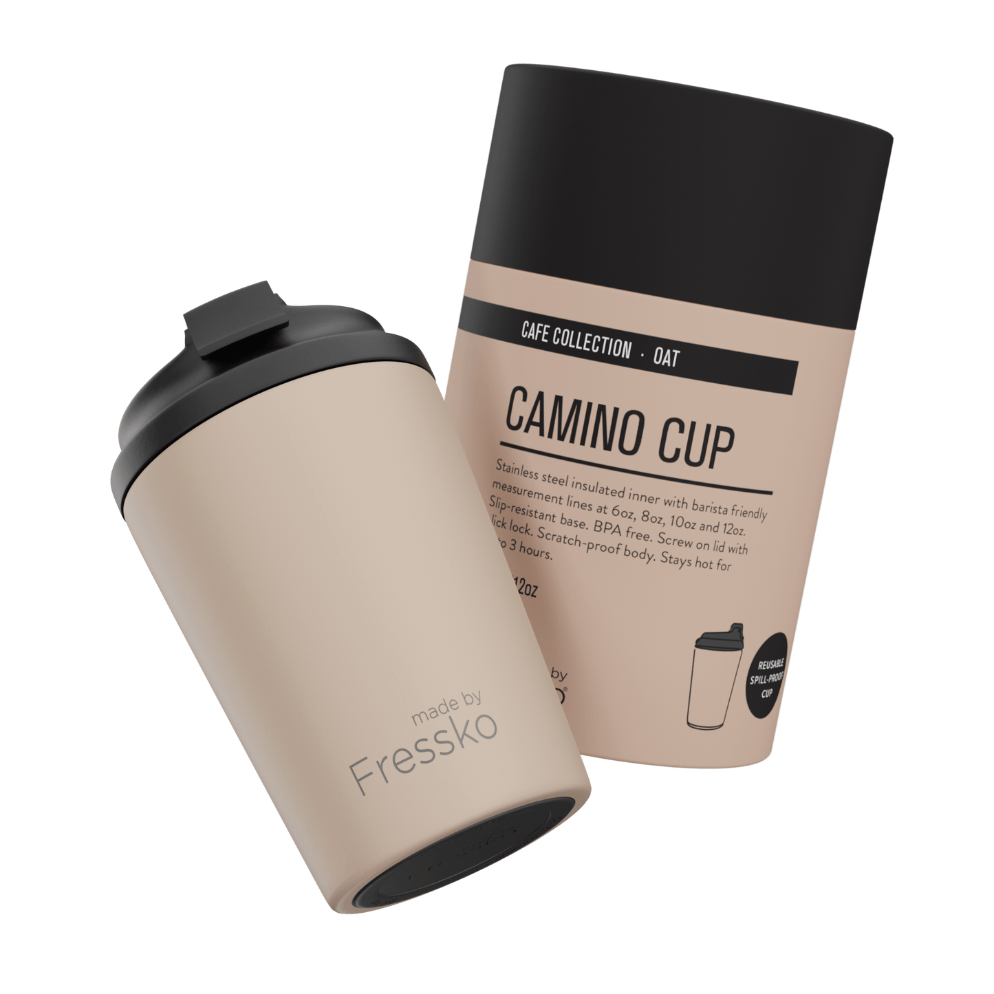 Fressko Camino Reusable Coffee Cup 12oz Oat Stainless Steel