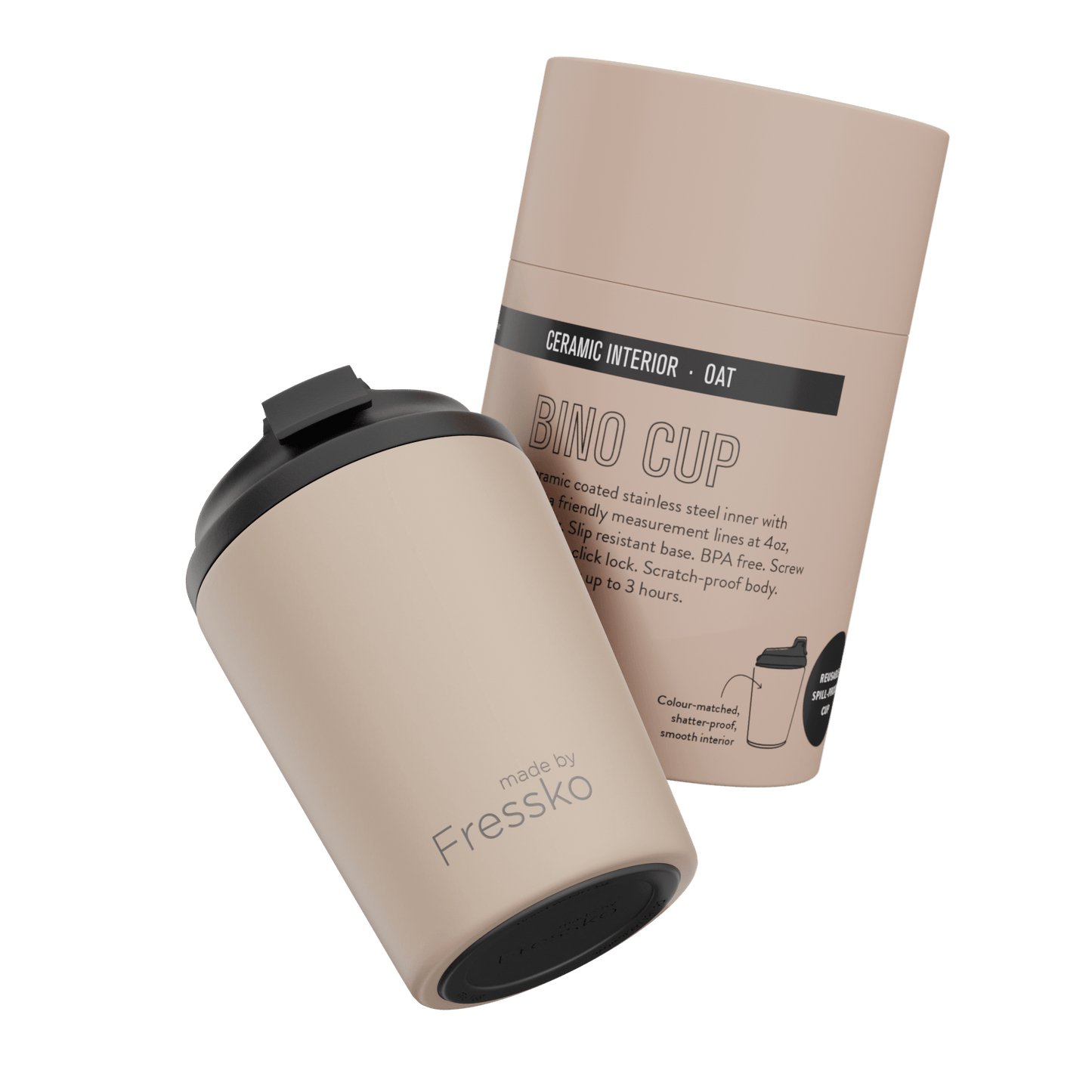 Fressko Bino Reusable Coffee Cup Ceramic-Lined 8oz Oat