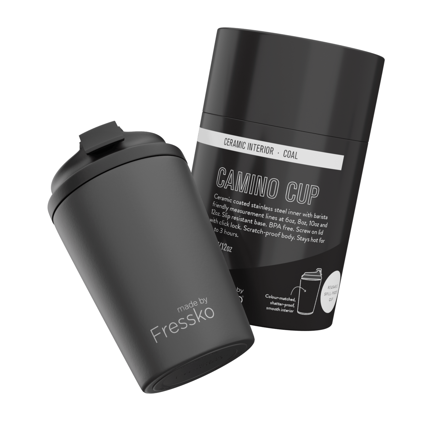 Made By Fressko Camino Reusable Cup Ceramic Lined 340ml 12oz Coal