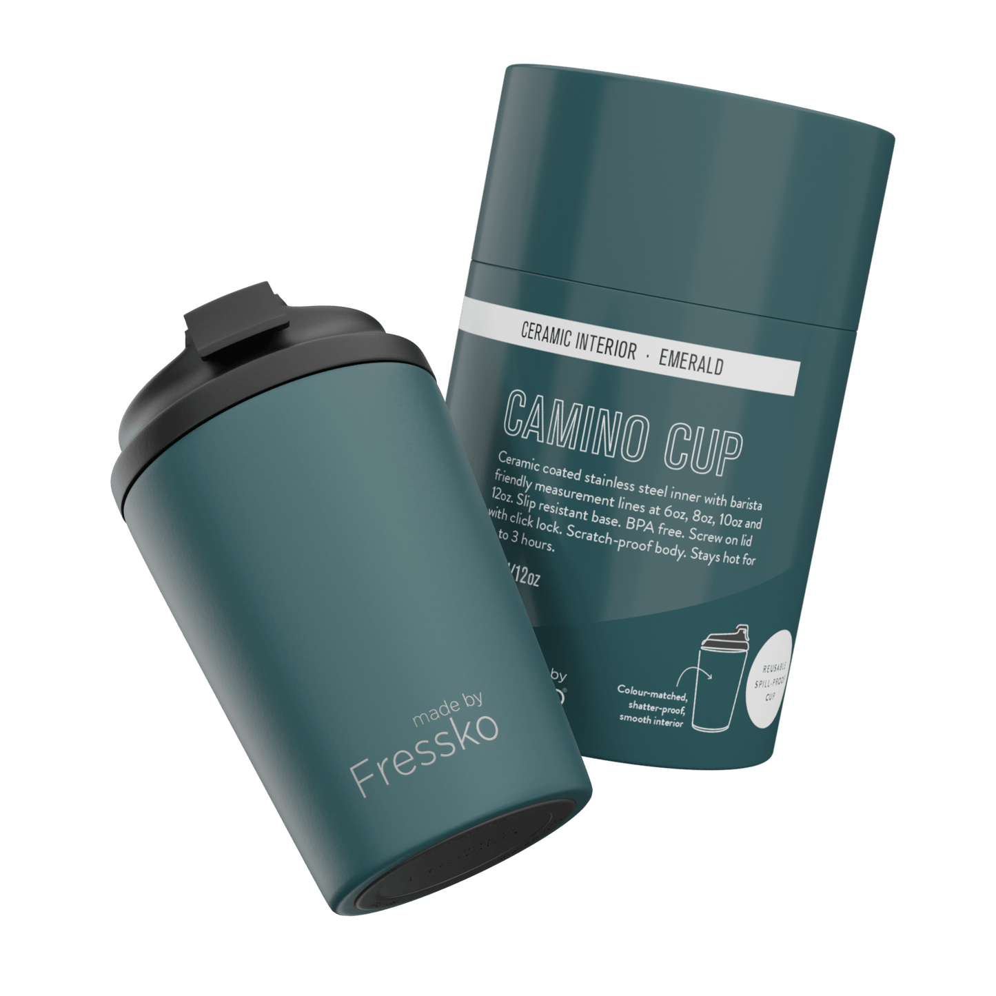 Fressko Camino Emerald Reusable Coffee Cup 340ml Ceramic Lined