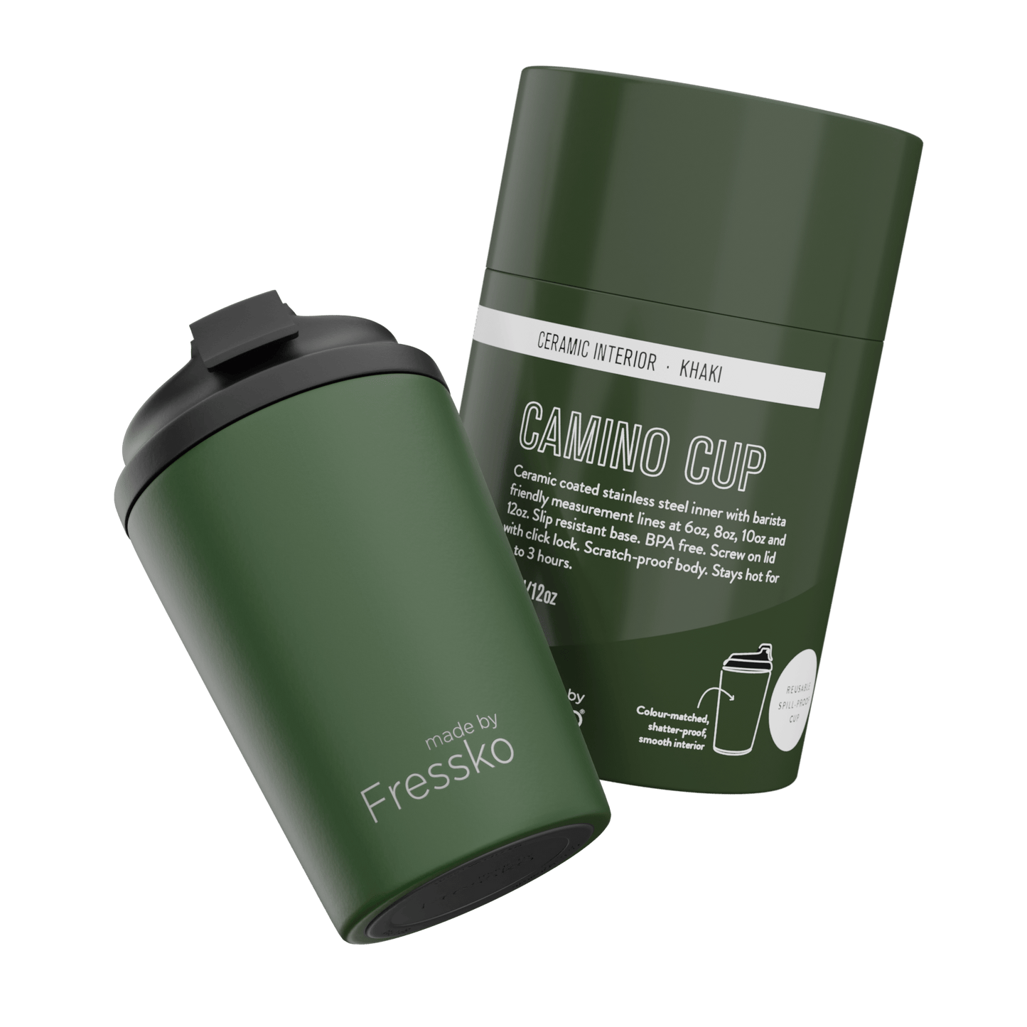 Fressko Camino Reusable Ceramic Coffee Cup 340ml Khaki