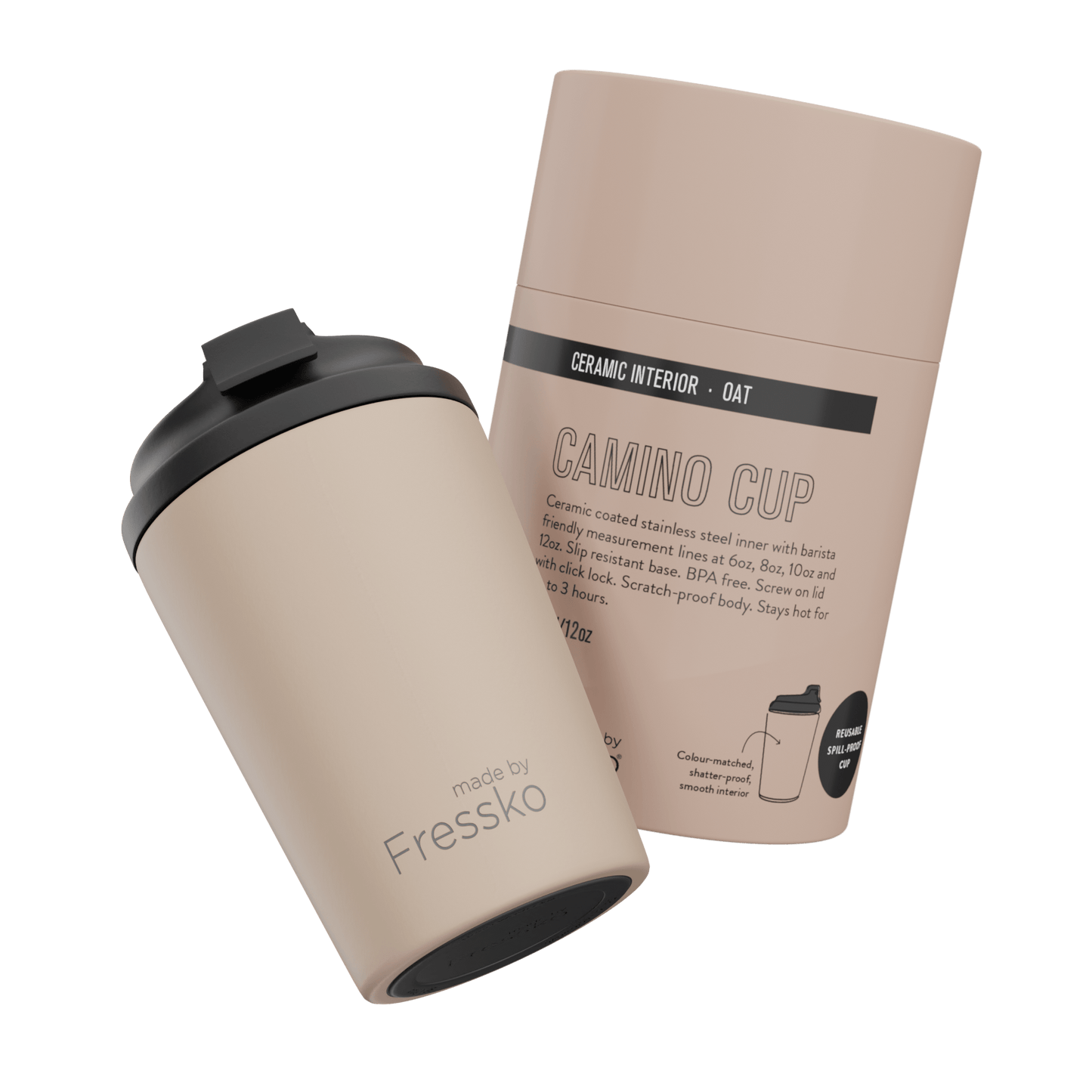Fressko Camino Reusable Ceramic Coffee Cup 12 oz Oat