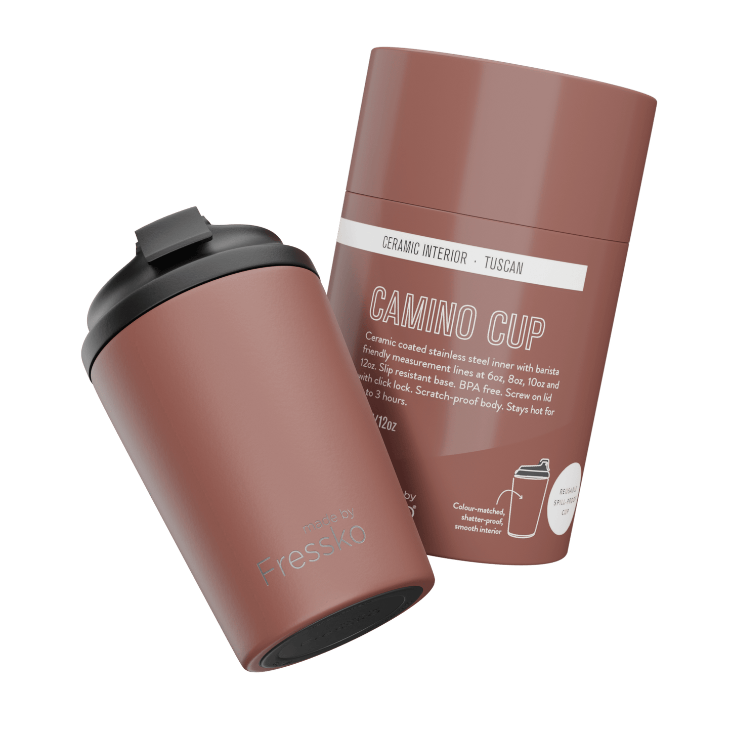 Fressko Camino Reusable Cup Ceramic Interior 340ml 12oz Tuscan